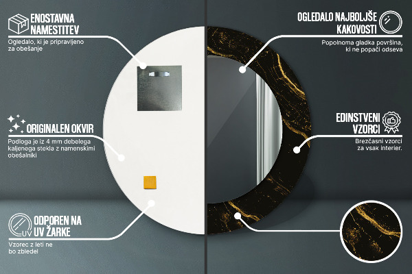 Lustro z drukowaną ramką okrągłe Czarny marmur