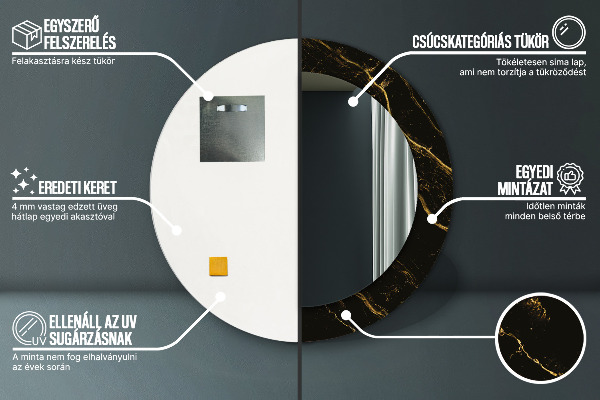 Lustro z drukowaną ramką okrągłe Czarny marmur