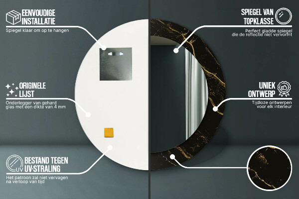 Lustro z drukowaną ramką okrągłe Czarny marmur