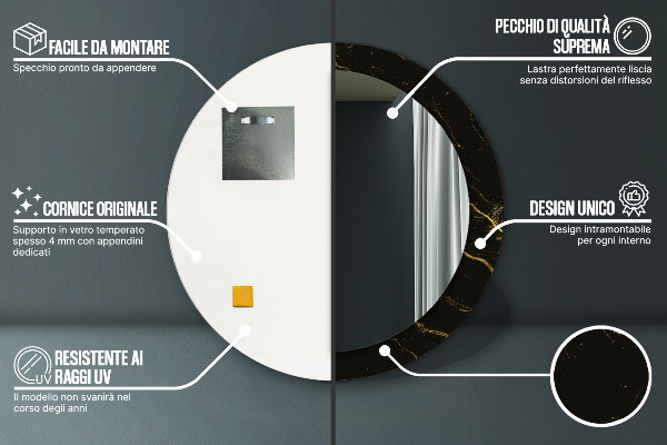 Lustro z drukowaną ramką okrągłe Czarny marmur