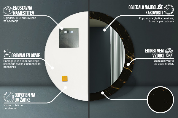 Lustro z drukowaną ramką okrągłe Czarny marmur