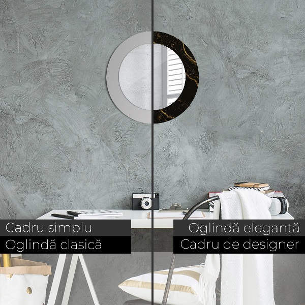 Lustro z drukowaną ramką okrągłe Czarny marmur