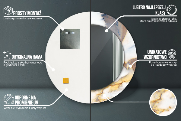 Lustro z drukowaną ramką okrągłe Biały marmur