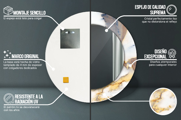 Lustro z drukowaną ramką okrągłe Biały marmur