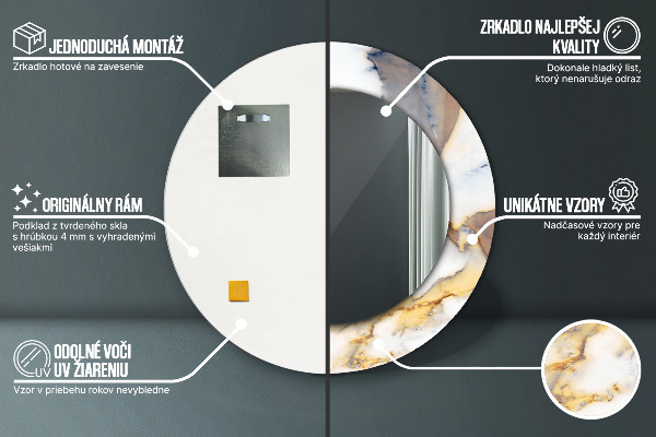 Lustro z drukowaną ramką okrągłe Biały marmur