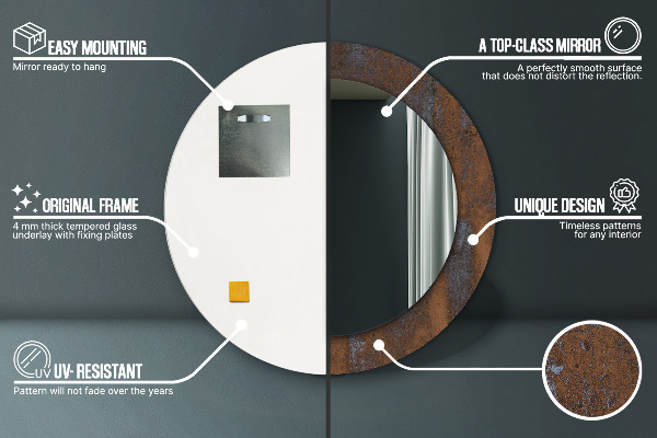 Lustro z drukowaną ramką okrągłe Metaliczny rustykalny