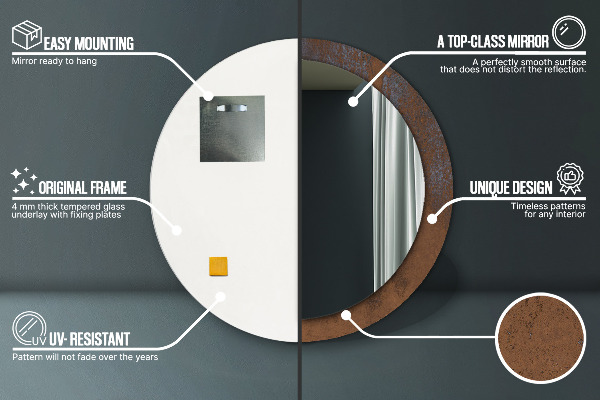 Lustro z drukowaną ramką okrągłe Metaliczny rustykalny