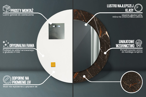 Lustro z drukowaną ramką okrągłe Brązowy marmur