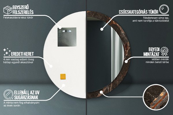 Lustro z drukowaną ramką okrągłe Brązowy marmur