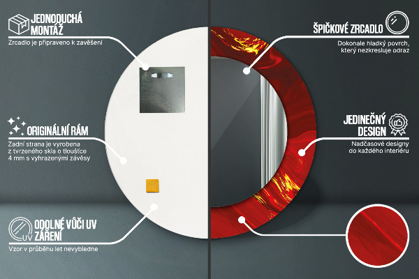 Lustro z drukowaną ramką okrągłe Czerwony marmur