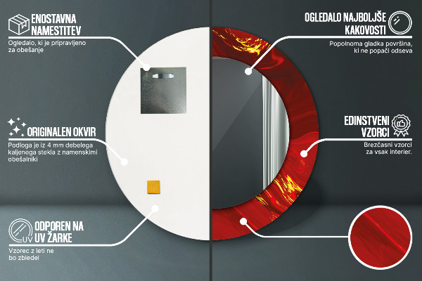 Lustro z drukowaną ramką okrągłe Czerwony marmur