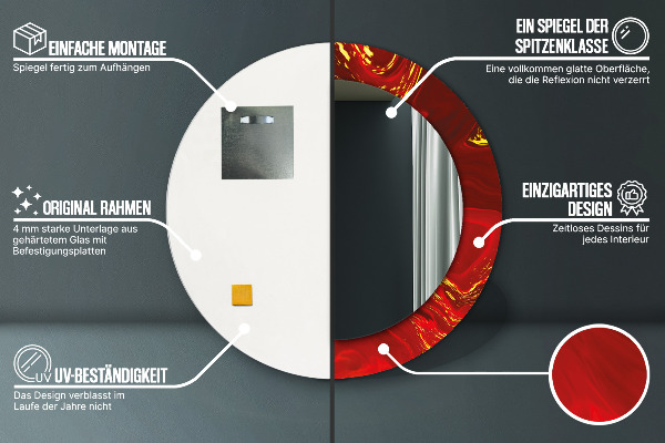 Lustro z drukowaną ramką okrągłe Czerwony marmur