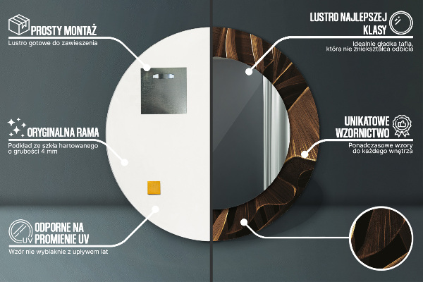 Lustro z drukowaną ramką okrągłe Brązowe liście bananowca