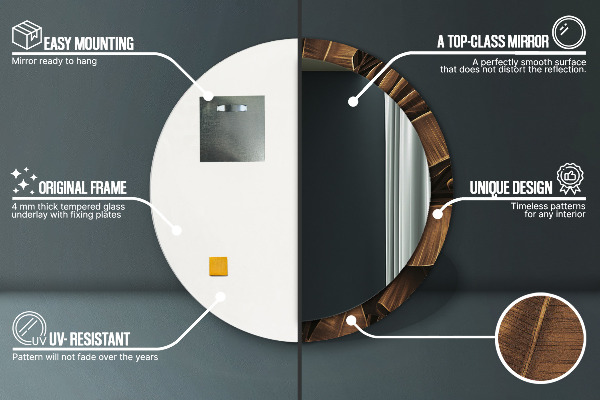 Lustro z drukowaną ramką okrągłe Brązowe liście bananowca