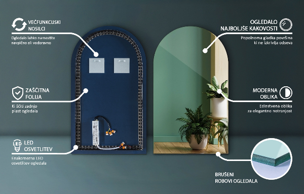 Lustro arkadowe z podświetleniem LED 45x80 cm