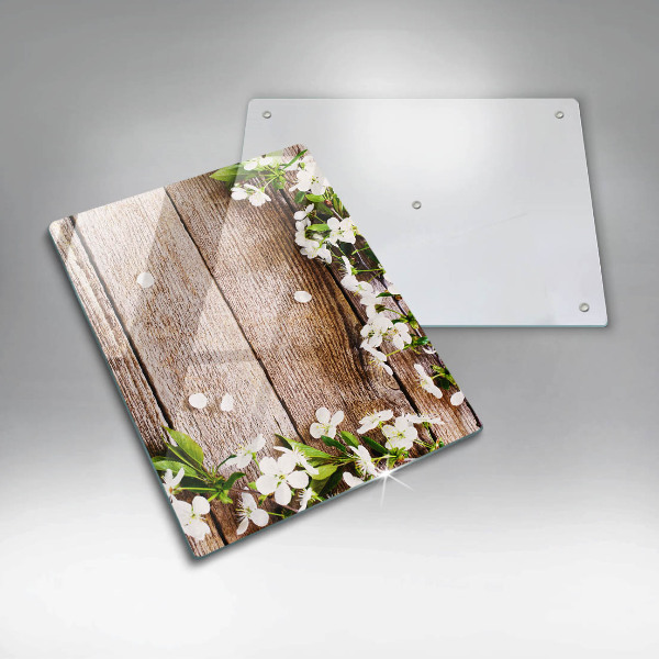 Osłona do kuchni na ścianę Białe kwiaty na deskach