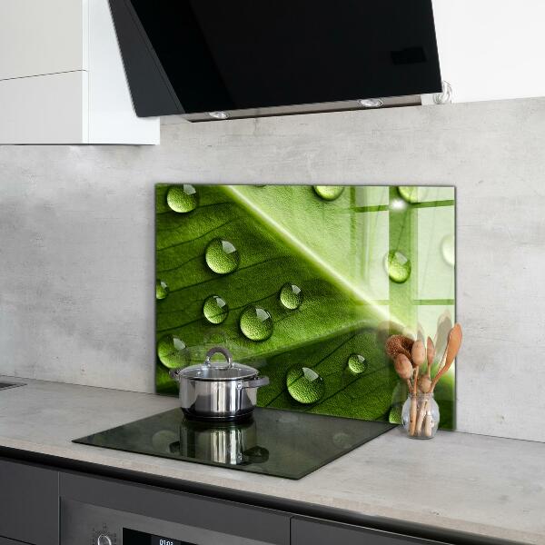 Szklany panel do kuchni Liść z Kroplami Porannej Rosy