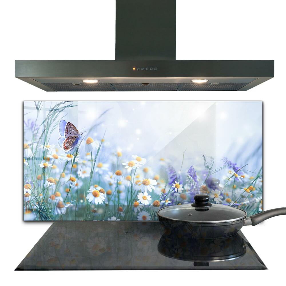 Panel szklany do kuchni Letnia Łąka Motyl Kwiat