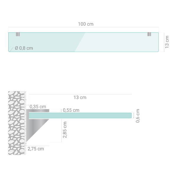 Półka pod lustro półprzezroczysta o wymiarach 100 x 13 cm
