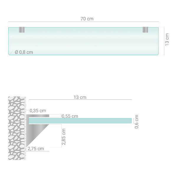 Półka pod lustro półprzezroczysta o wymiarach 70 x 13 cm