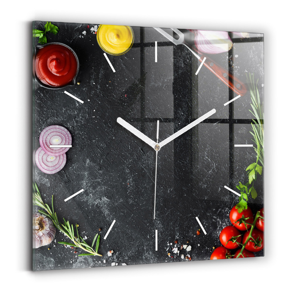 Zegar szklany 30x30 Warzywa na kuchennym blacie 