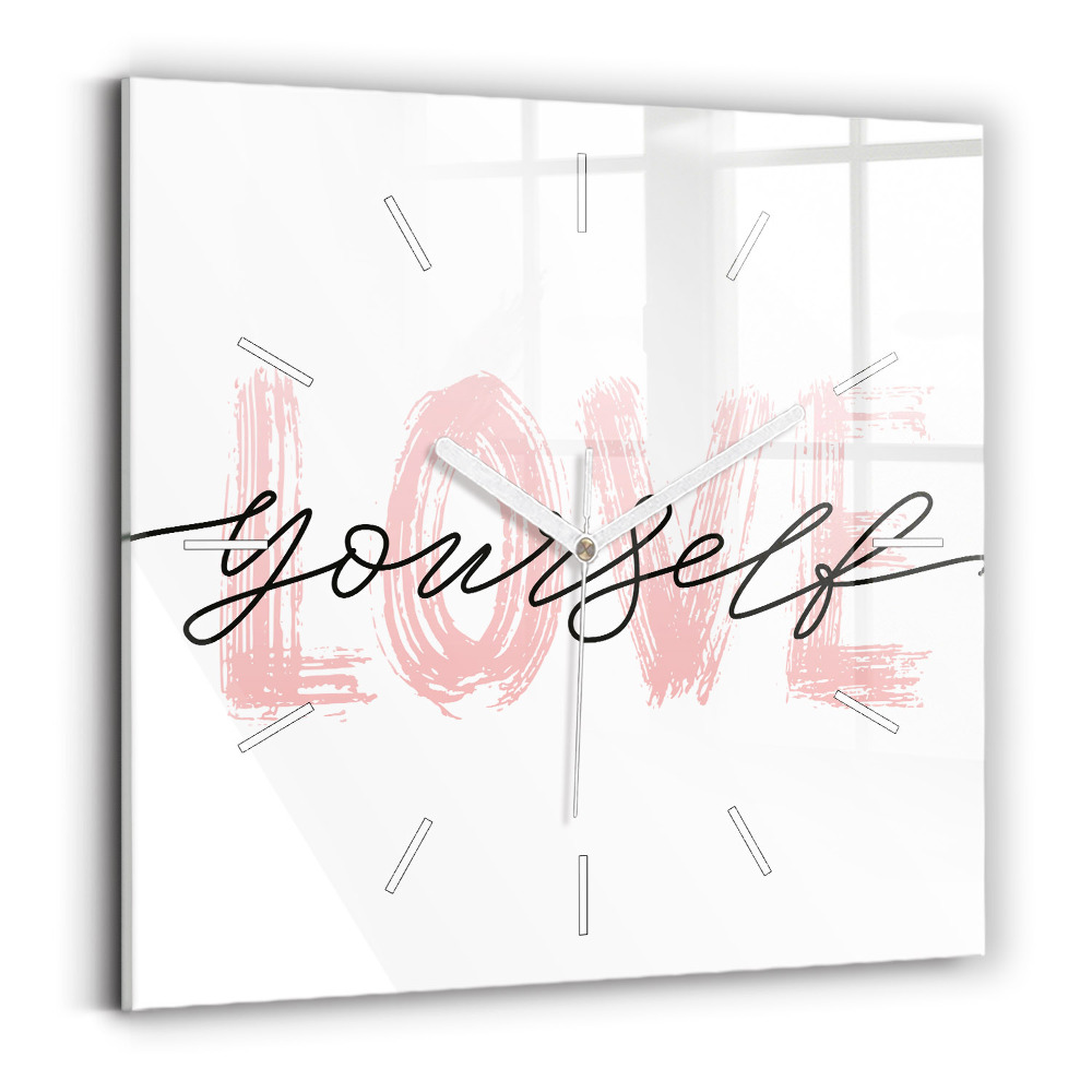 Zegar szklany 30x30 Napis "Kochaj siebie" 