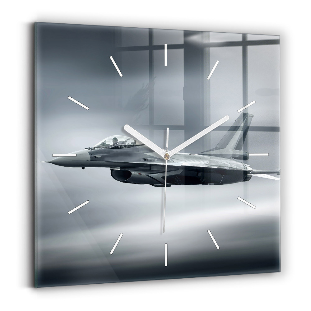Zegar szklany 30x30 Lecący samolot wojskowy 