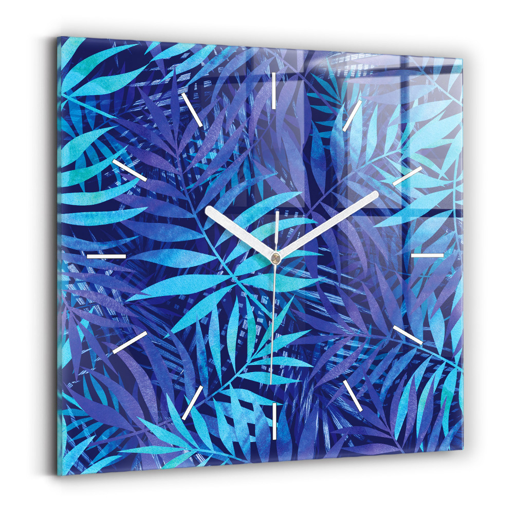 Zegar szklany 30x30 Niebieskie liście 