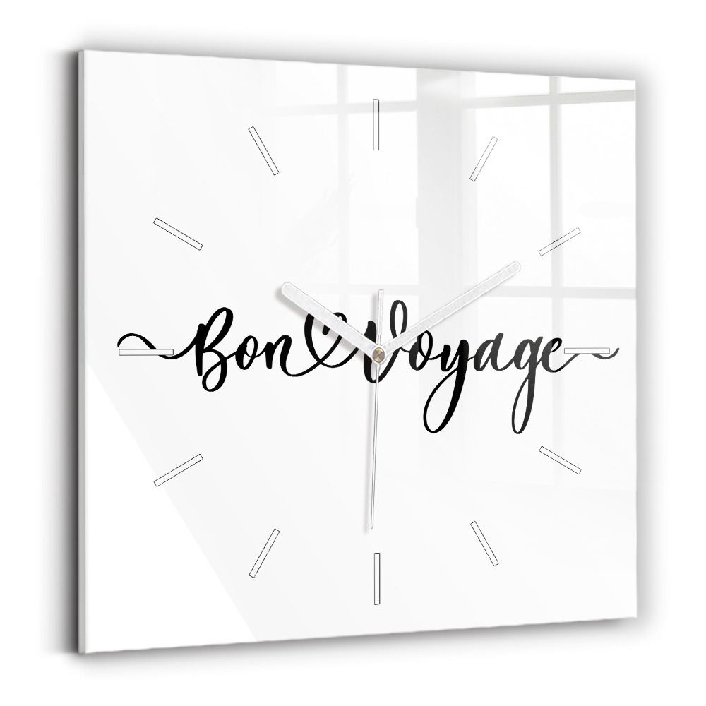 Zegar szklany 30x30 Napis "Bon voyage" 