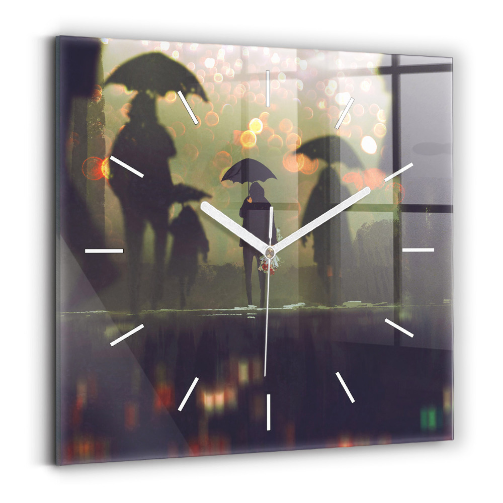 Zegar szklany 30x30 Spacerowicze z parasolami 
