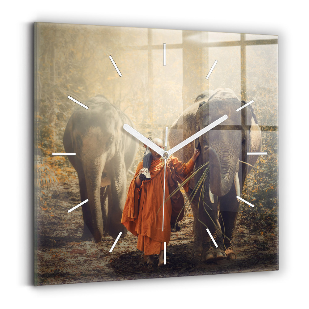Zegar szklany 30x30 Mnich prowadzący stado słoni 