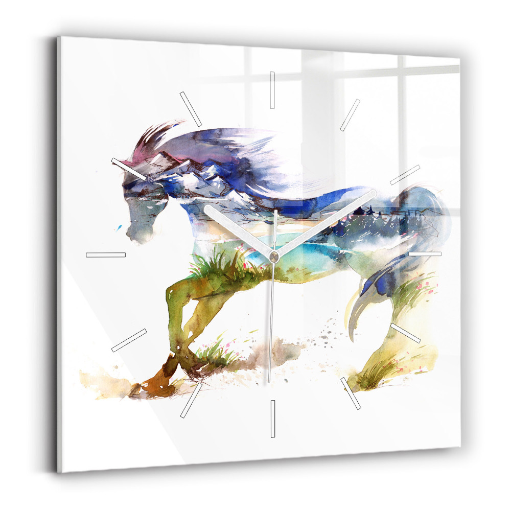 Zegar szklany 30x30 Obraz przedstawiający góry i konia 