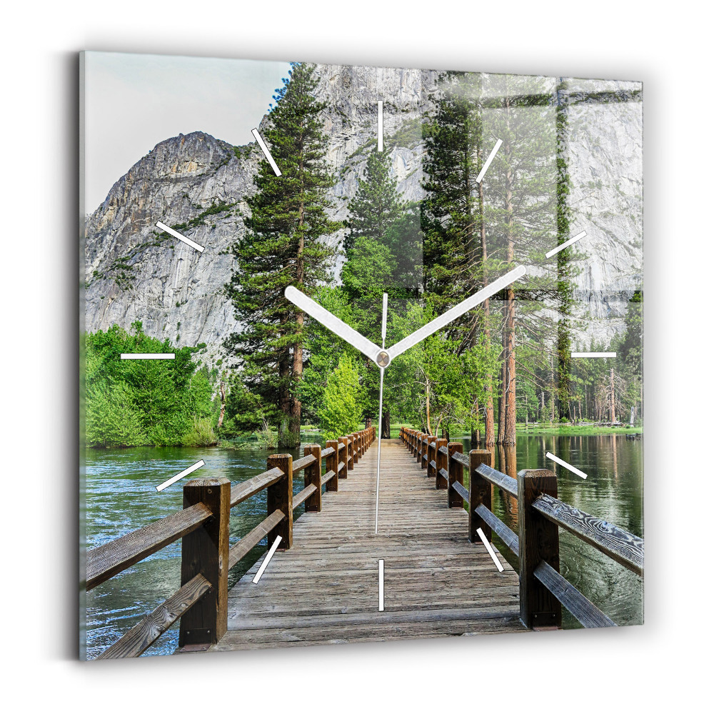 Zegar szklany 30x30 Drewniany most w Yosemite 
