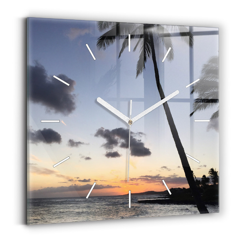 Zegar szklany 30x30 Palma na tle wschodzącego słońca 