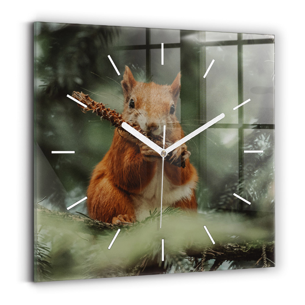 Zegar szklany 30x30 Wiewiórka w otoczeniu natury 