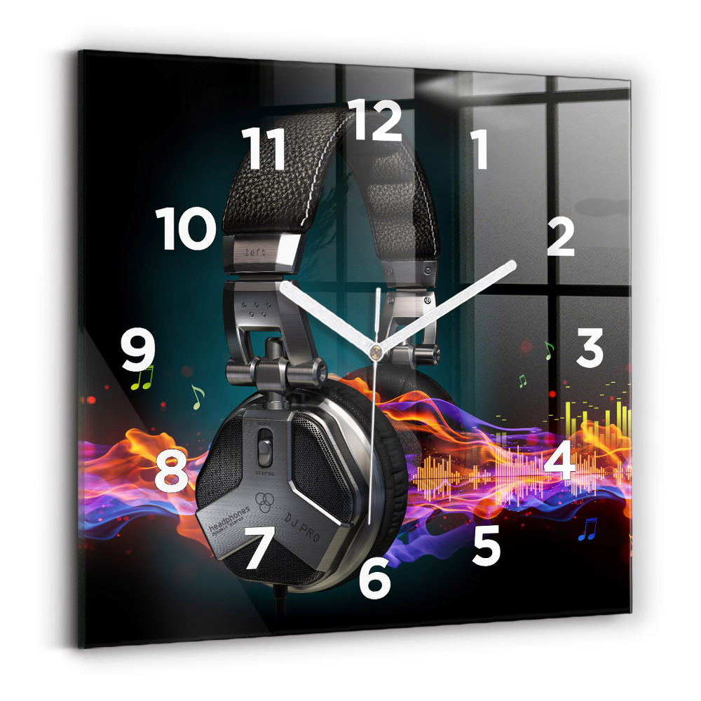 Zegar szklany 30x30 Słuchawki z wizualizacją fal dźwiękowych 
