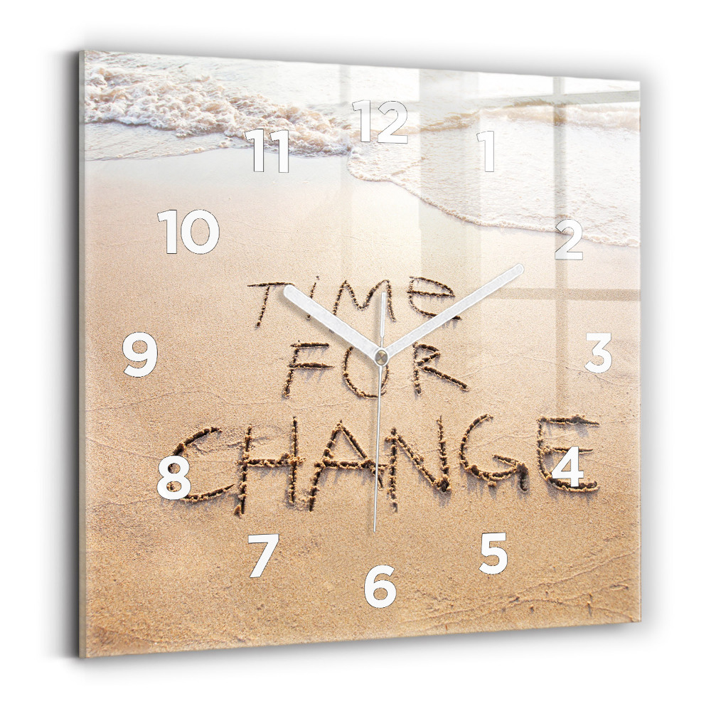 Zegar szklany 30x30 Cytat napisany na piasku plaży 