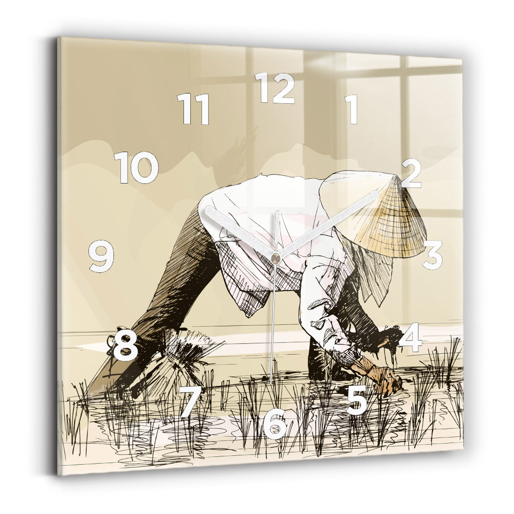 Zegar szklany 30x30 Pracująca na polu ryżowym kobieta 