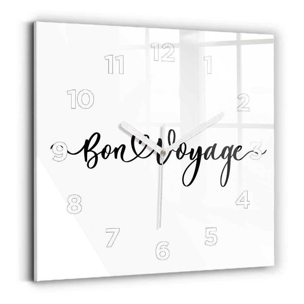 Zegar szklany 30x30 Napis "Bon voyage" 