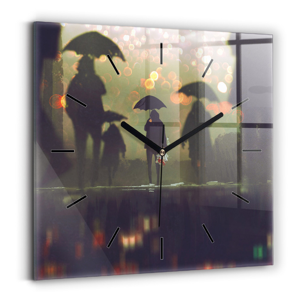 Zegar szklany 30x30 Spacerowicze z parasolami 