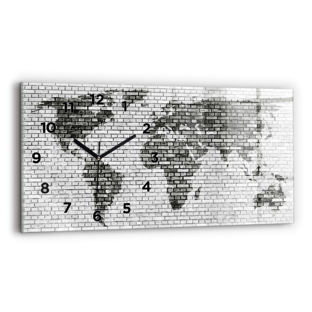 Zegar szklany 60x30 Mapa świata na ścianie z cegły 