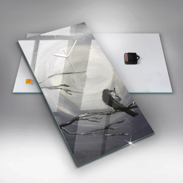 Zegar szklany pionowy Kruk w świetle księżyca