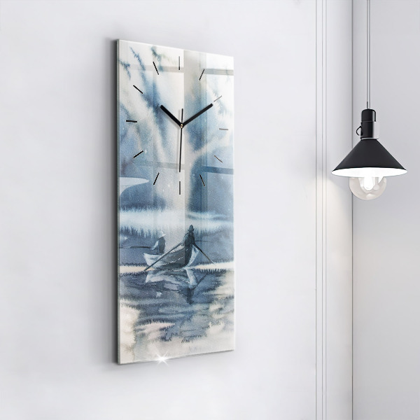 Zegar szklany pionowy Zimowe jezioro Łódka