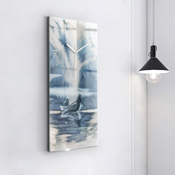 Zegar szklany pionowy Zimowe jezioro Łódka