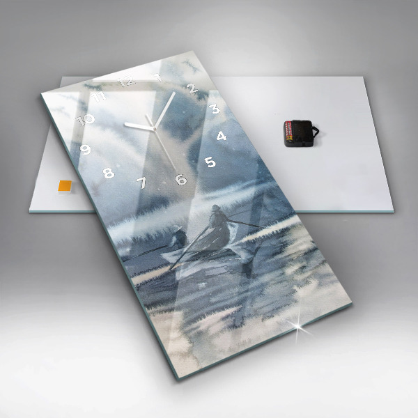 Zegar szklany pionowy Zimowe jezioro Łódka