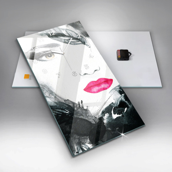 Zegar szklany pionowy Portret kobiety czerwone usta