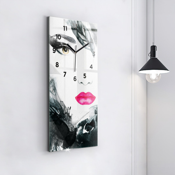Zegar szklany pionowy Portret kobiety czerwone usta