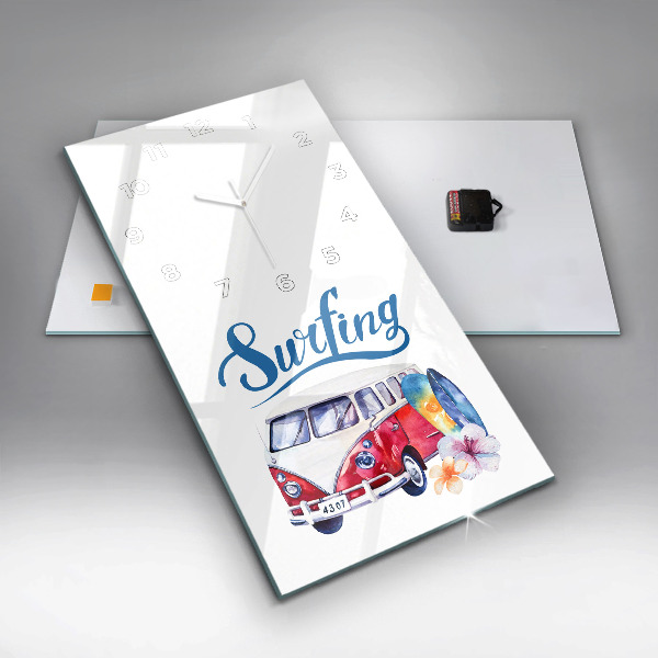 Zegar szklany pionowy Samochód i napis Surfing