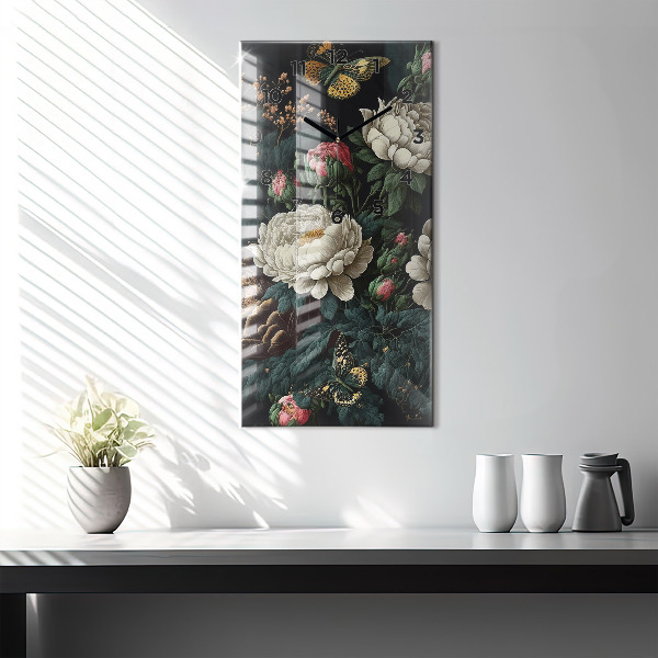 Zegar ścienny pionowy Kwiat i złote motyle