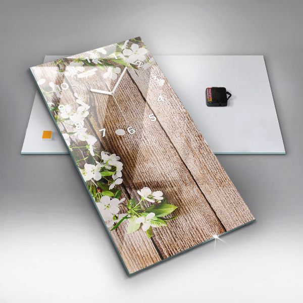 Zegar szklany pionowy Kwiaty na drewnie